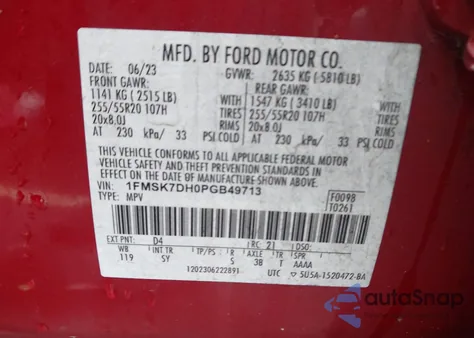 2023 Ford Explorer Xlt z USA, uszkodzony, nr VIN 1FMSK7DH0PGB49713